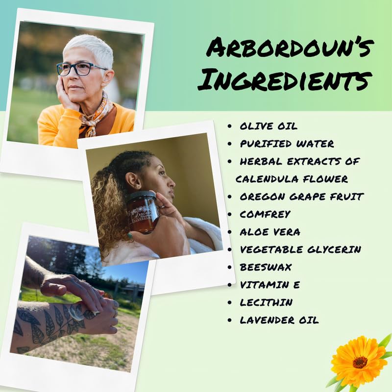 Arbordoun Calendula Cream ingredients insert showcases calendula, comfrey, and Oregon grape for natural care