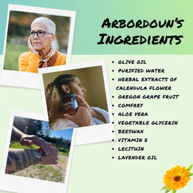 Arbordoun Calendula Cream ingredients insert showcases calendula, comfrey, and Oregon grape for natural care