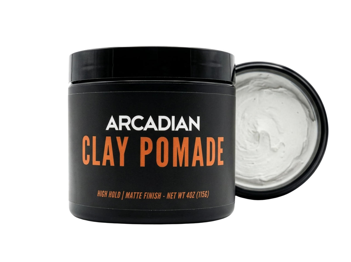 Arcadian Grooming Clay Pomade jar shows matte finish and strong hold for modern styles.