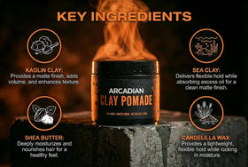 Arcadian Grooming Clay Pomade strong hold keeps slicked-back looks in place.