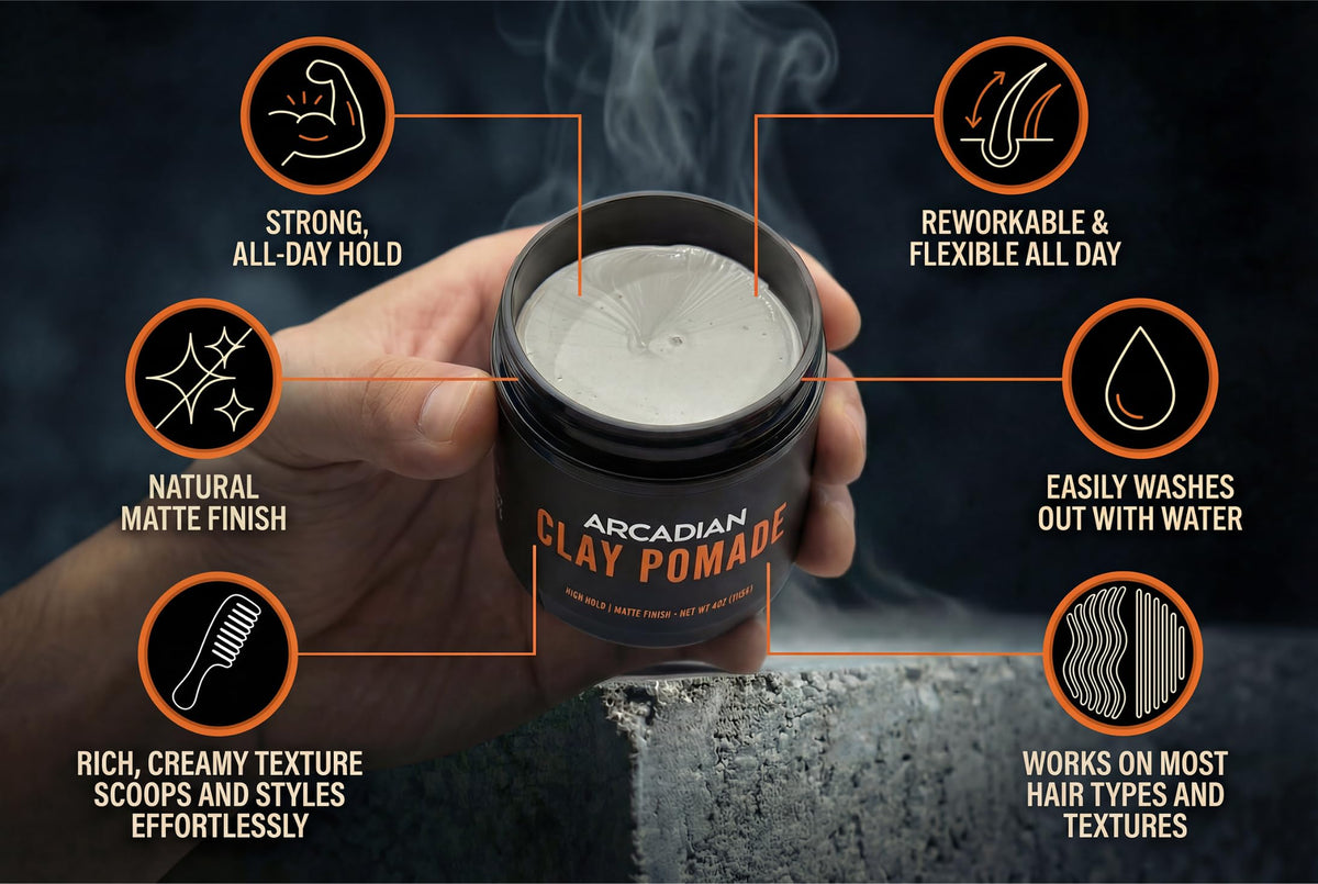 Arcadian Grooming Clay Pomade texture close-up highlights pliable, controllable styling.