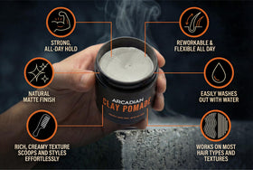 Arcadian Grooming Clay Pomade texture close-up highlights pliable, controllable styling.