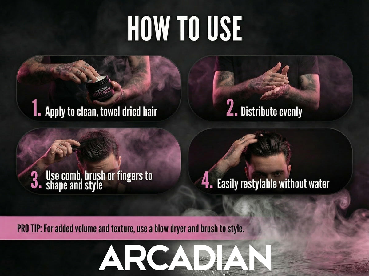 Arcadian Grooming Matte Paste application demonstrates reworkable hold throughout the day.