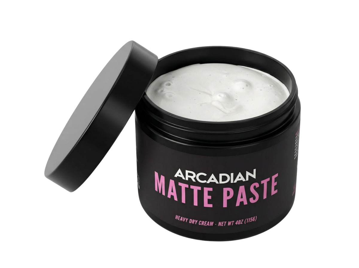 Arcadian Grooming Matte Paste bottle demonstrates strong hold for textured styles.