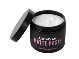 Arcadian Grooming Matte Paste bottle demonstrates strong hold for textured styles.