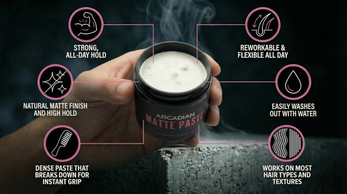 Arcadian Grooming Matte Paste jar showcases natural matte finish for versatile styling.