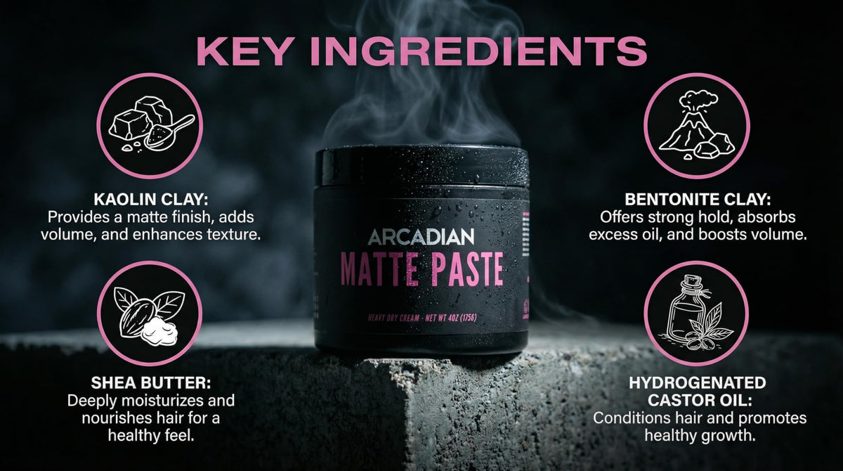 Arcadian Grooming Matte Paste texturizing action boosts volume for style.