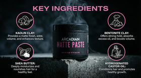 Arcadian Grooming Matte Paste texturizing action boosts volume for style.