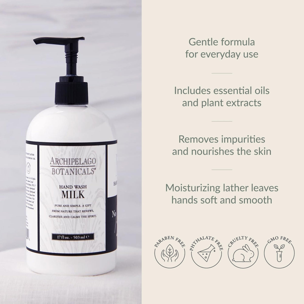 Archipelago Botanicals Hand Wash Milk lather-action demonstrates dirt and oil removal