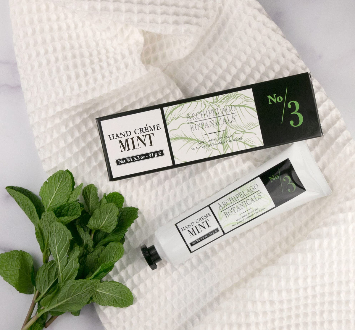 Archipelago Botanicals Morning Mint Hand Crème helps dry hands after washing with daily use.