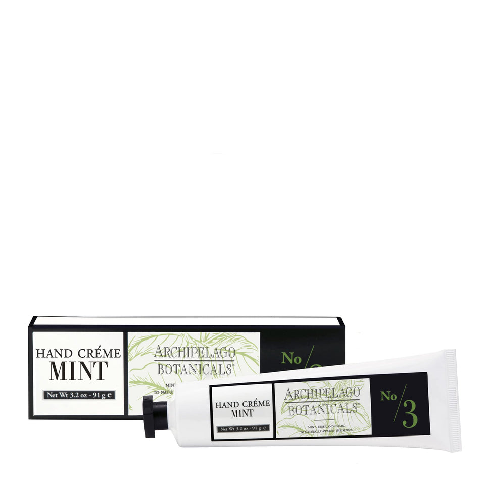 Archipelago Botanicals Morning Mint Hand Crème packaging highlights premium ingredients and luxurious design.