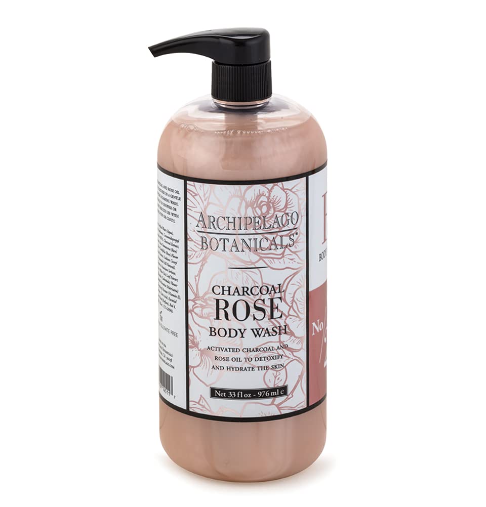 Archipelago Botanicals Charcoal Rose bottle pour supports a clean, refreshing daily shower.