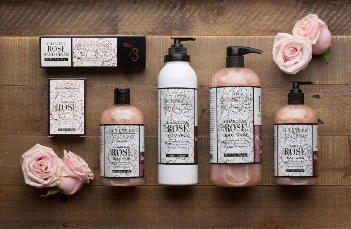 Archipelago Botanicals Charcoal Rose packaging-box shows eco-friendly, USA-made branding and simple ingredients.