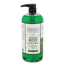 Archipelago Morning Mint Body Wash bottle showcases mandarin and basil notes for a refreshing shower.