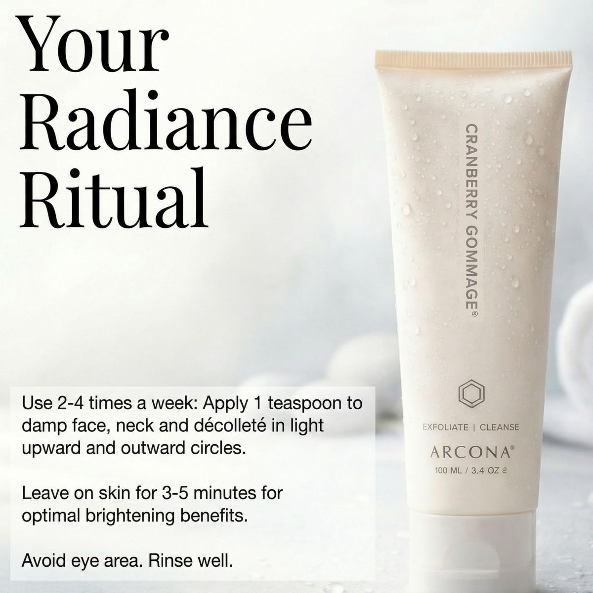 Gently exfoliating beads in ARCONA Cranberry Gommage applied on smooth porcelain skin.