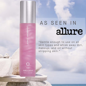 Label close-up of ARCONA Cranberry Toner with cranberry, rice, and vitamin extracts