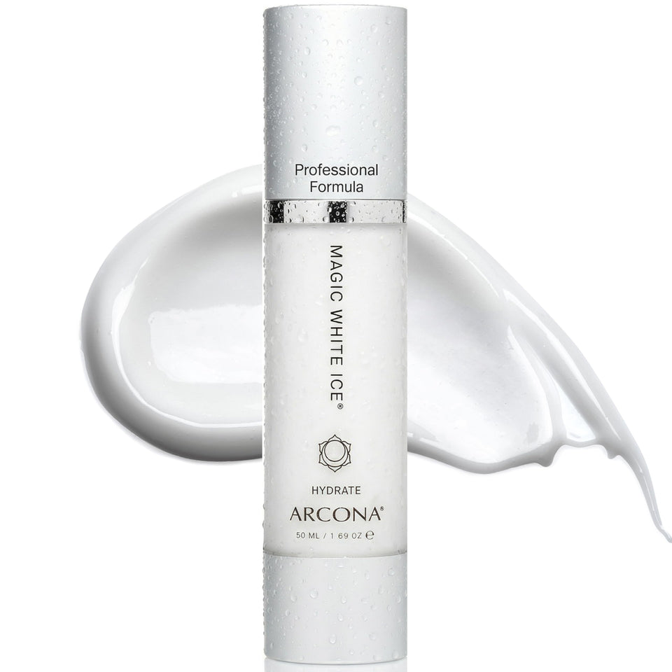 ARCONA Magic White Ice bottle showing oil-free hydration for balanced skin.