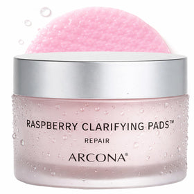 ARCONA Raspberry Clarifying Pads pack front view highlighting pore-clearing formula.