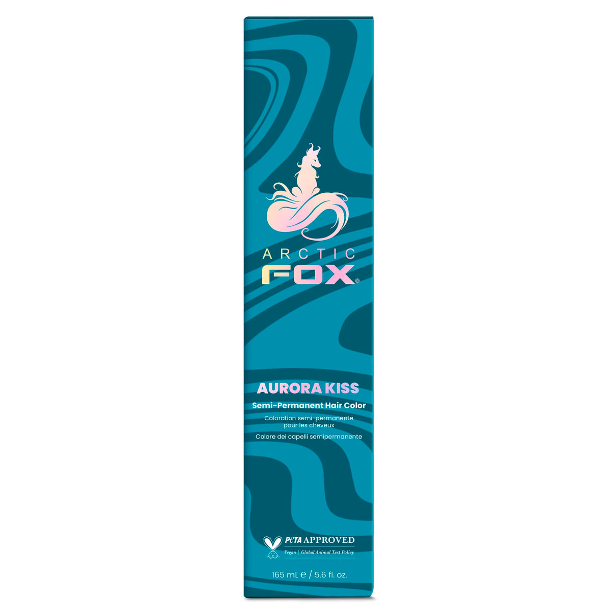 ARCTIC FOX Aurora Kiss dye bottle showcasing vibrant blue color for at-home use.