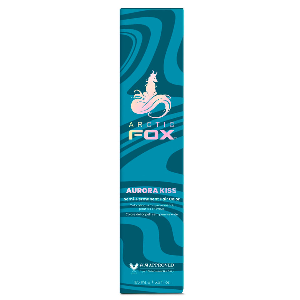 ARCTIC FOX Aurora Kiss dye bottle showcasing vibrant blue color for at-home use.