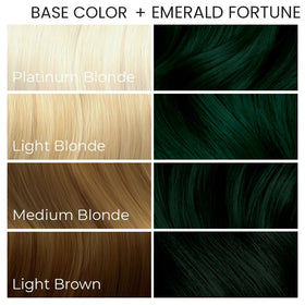 Hair with Emerald Fortune teal glow under lighting for vibrant depth.