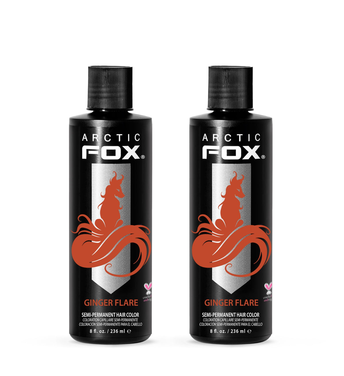Arctic Fox Ginger Flare bottle shows vibrant orange shade options for hair