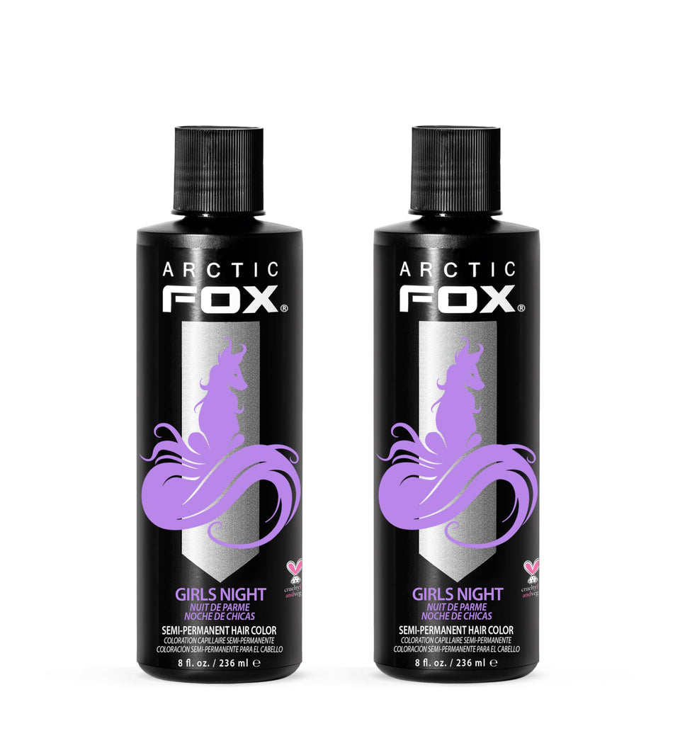 ARCTIC FOX Girl's Night pastel lilac bottle close-up, vibrant conditioning color option.