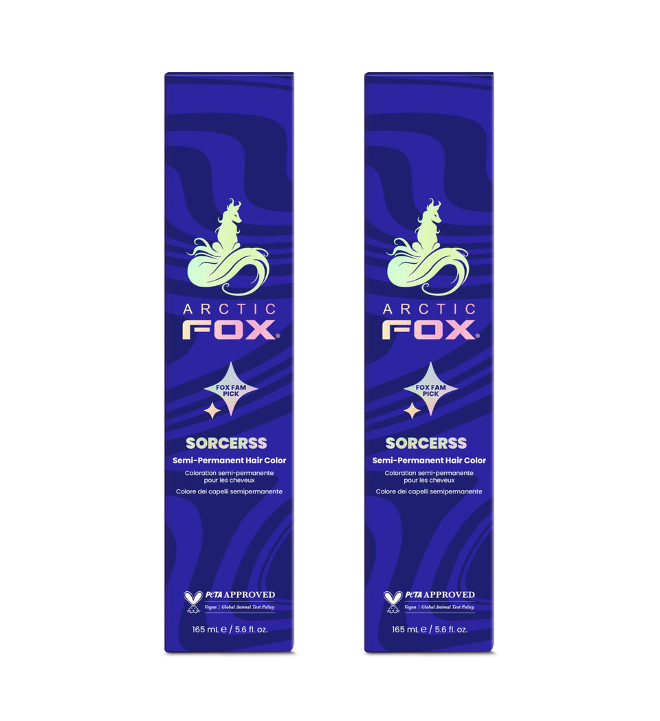 Arctic Fox Sorceress Midnight Blue dye bottle: bold color payoff for statement looks.