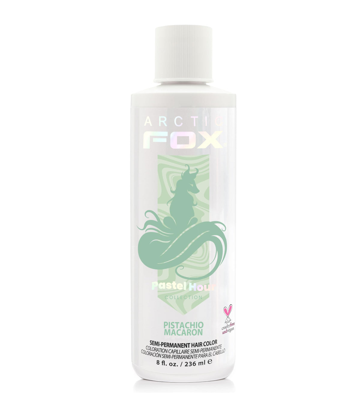 Arctic Fox Pistachio Macaron bottle close-up, vivid pastel mint color preview.