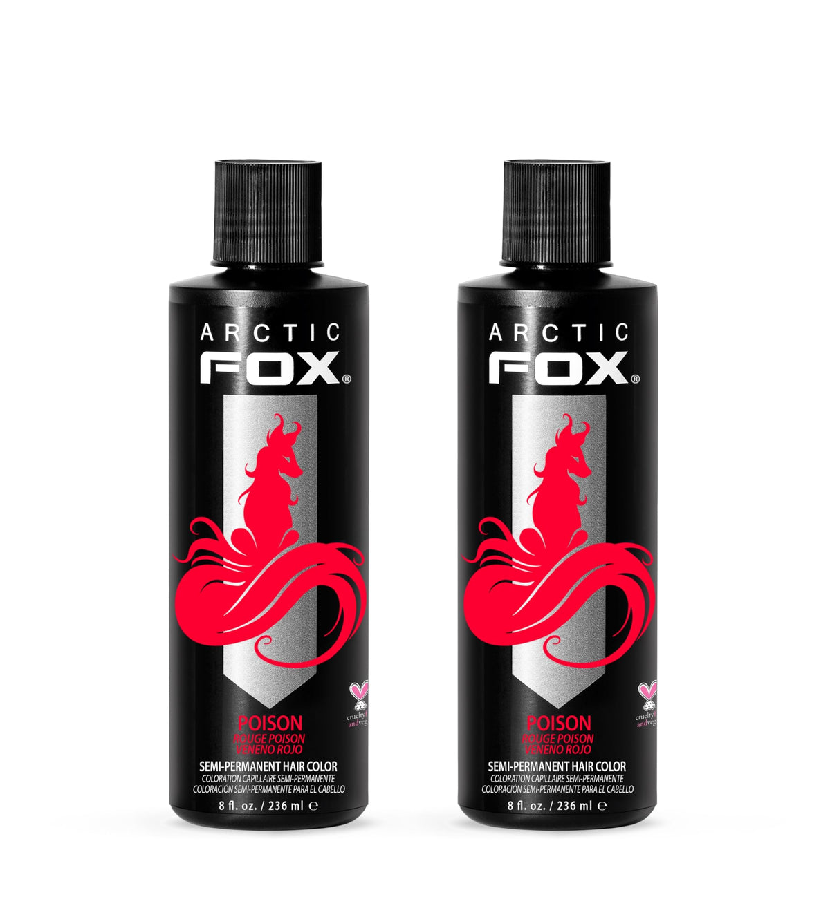 ARCTIC FOX Poison bottle closeup showing bold red dye and conditioning formula.