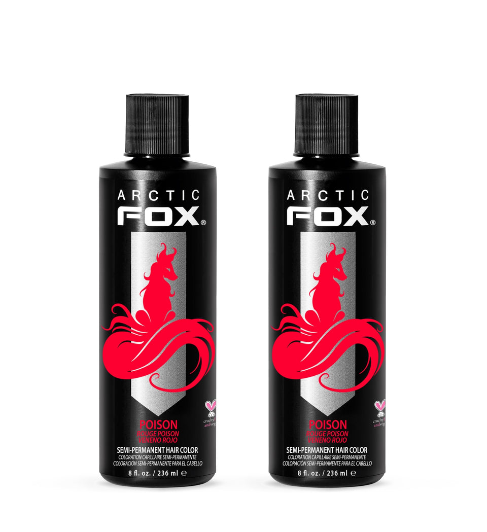 ARCTIC FOX Poison bottle closeup showing bold red dye and conditioning formula.