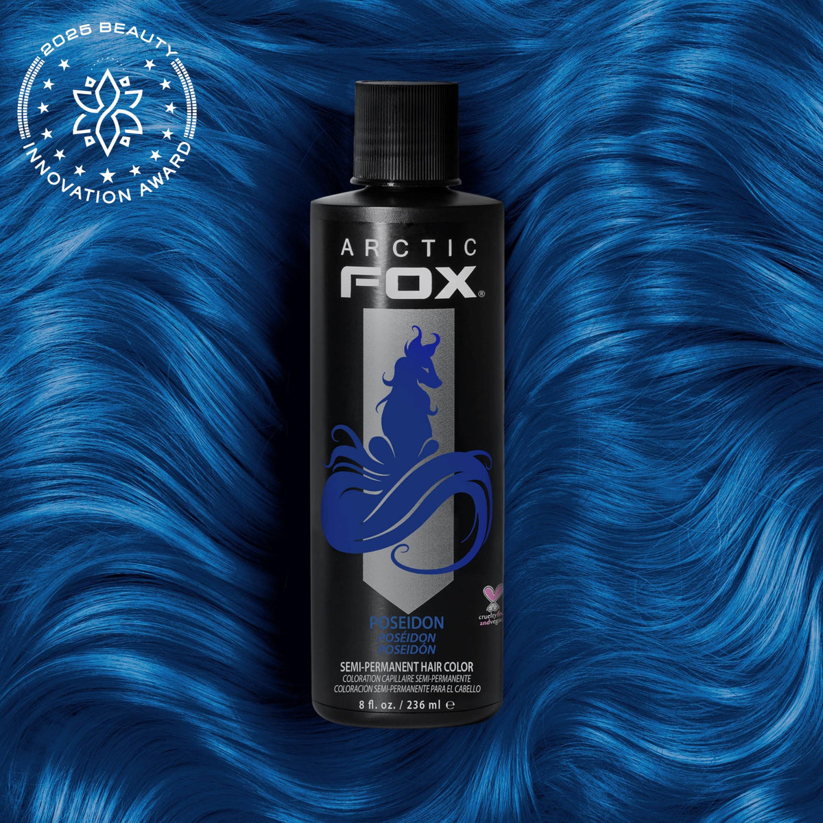 ARCTIC FOX Poseidon blue swatch on hair showing vibrant shade