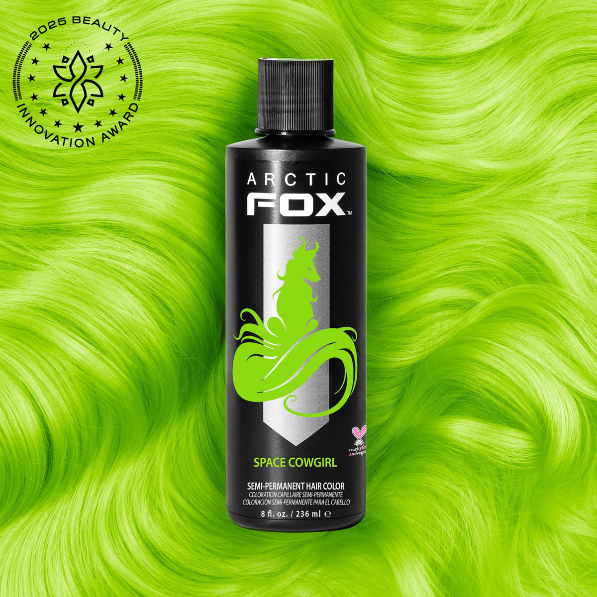 Arctic Fox Space Cowgirl green dye color swatch shows vibrant payoff on light hair.