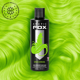 Arctic Fox Space Cowgirl green dye color swatch shows vibrant payoff on light hair.
