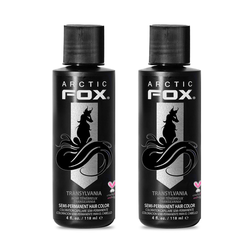ARCTIC FOX Transylvania deep jet-black color on light hair.