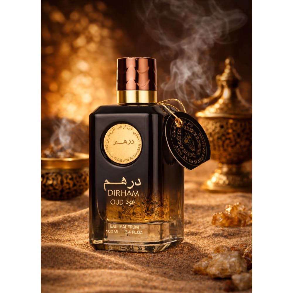 Dirham Oud EDP cap close-up highlighting the warm oriental-woody character.