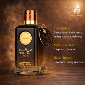 Dirham Oud EDP bottle label showing unisex appeal and premium craftsmanship.