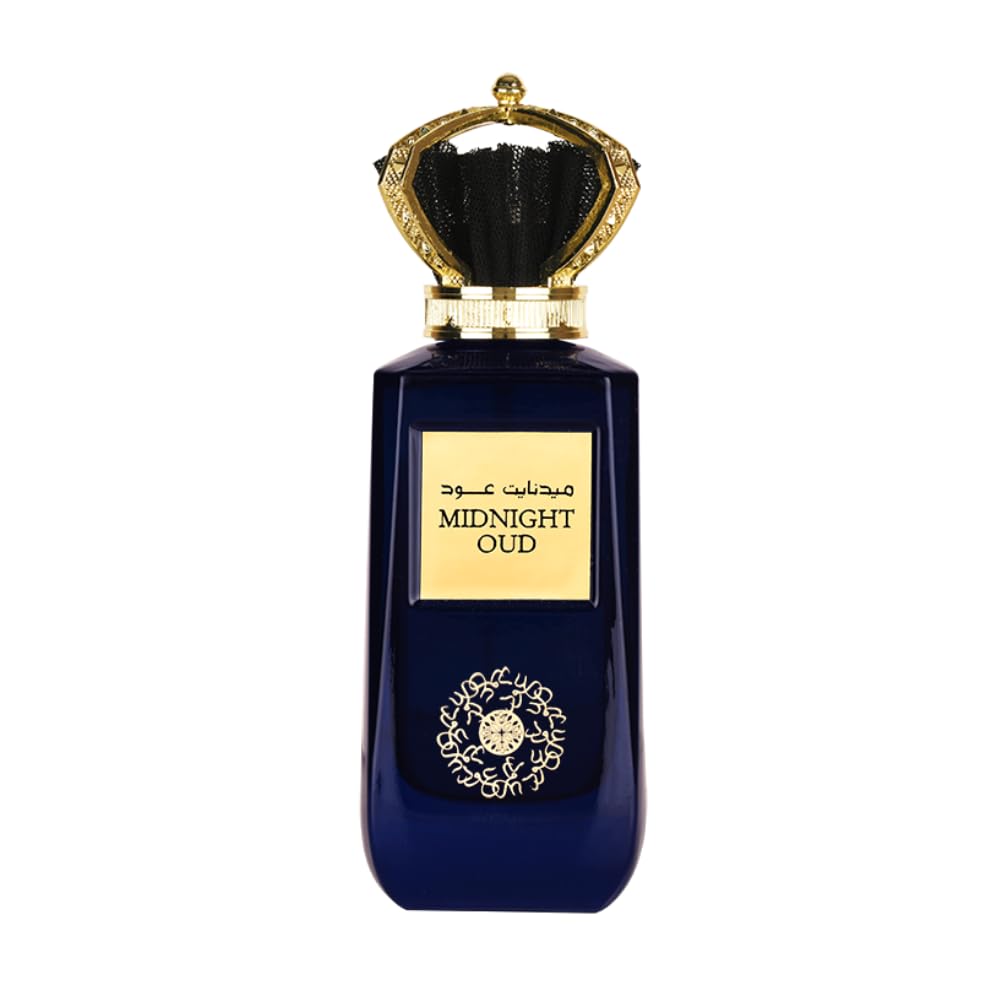 Ard Al Zaafaran Midnight Oud bottle front view, premium packaging evokes luxury fragrance
