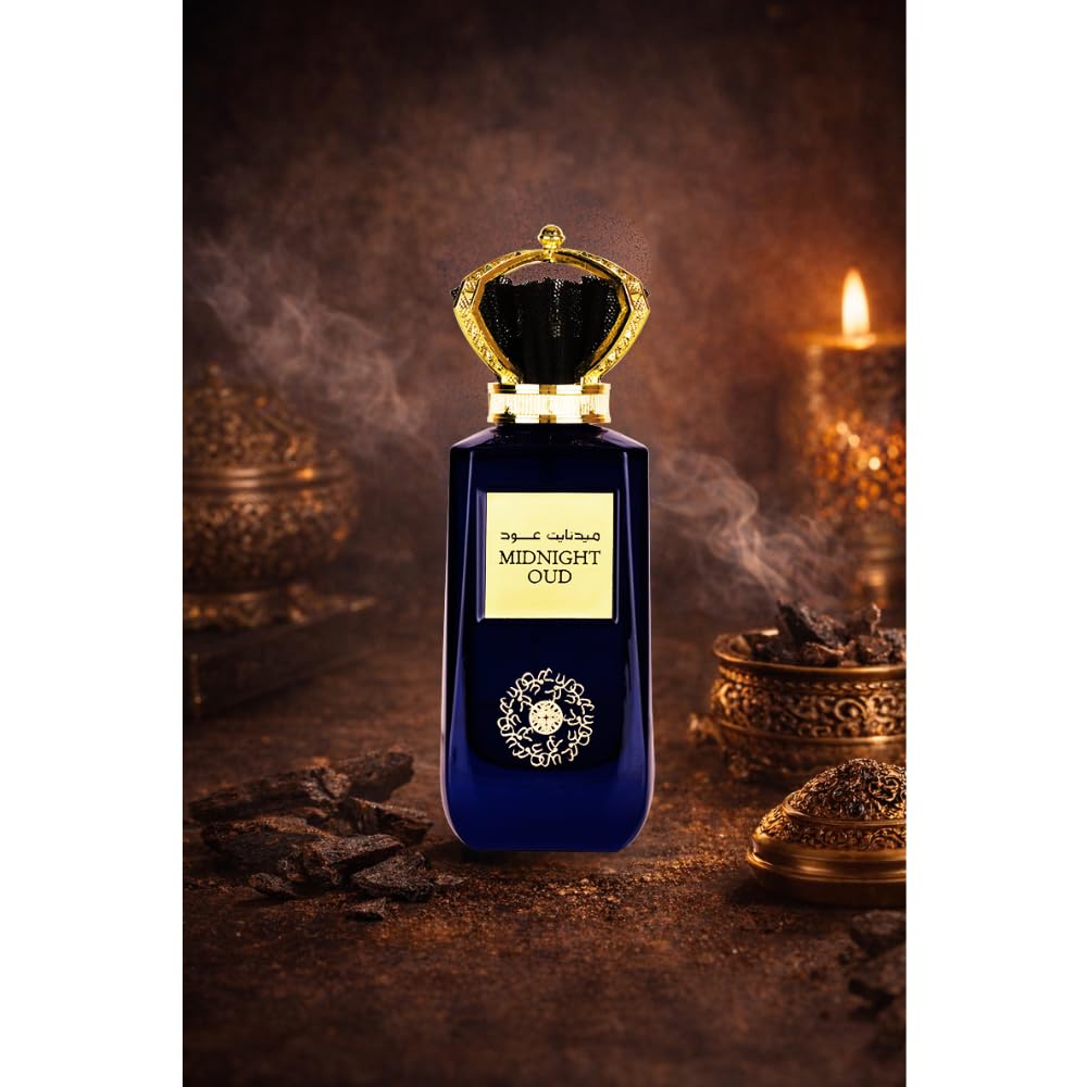 Midnight Oud bottle side angle, elegant design and sturdy cap