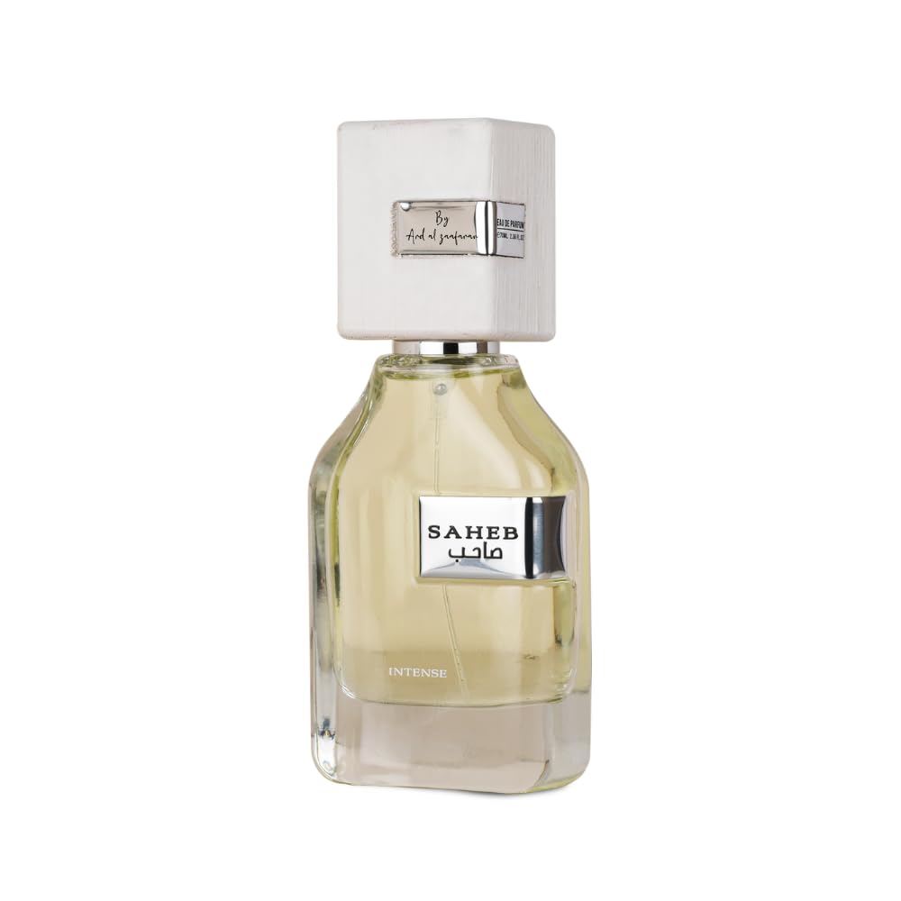 Ard Al Zaafaran Saheb Intense bottle showcasing a fresh, citrus-spice unisex fragrance for daily wear