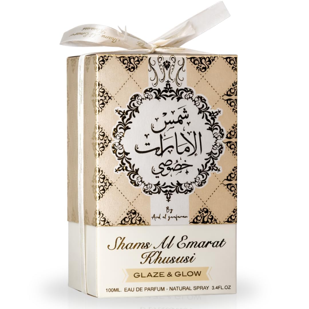 Angled view of Ard Al Zaafaran Shams Al Emarat Glaze & Glow bottle, luxury silhouette