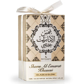 Angled view of Ard Al Zaafaran Shams Al Emarat Glaze & Glow bottle, luxury silhouette