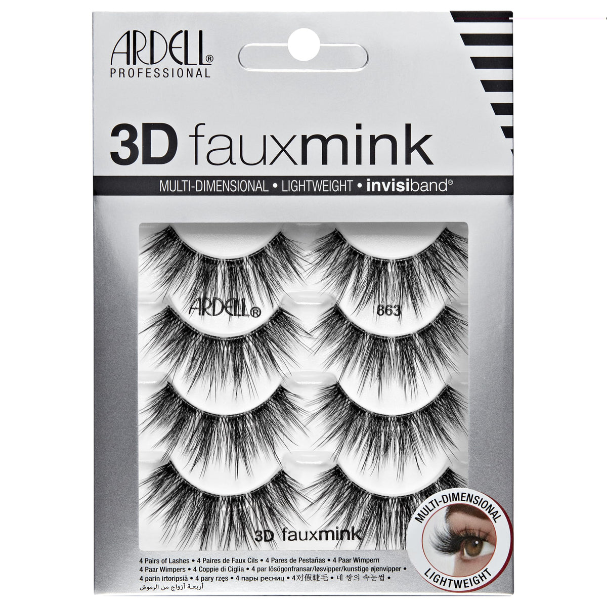Ardell 3D Faux Mink 863 wispy look delivers natural flutter for daily elegance.
