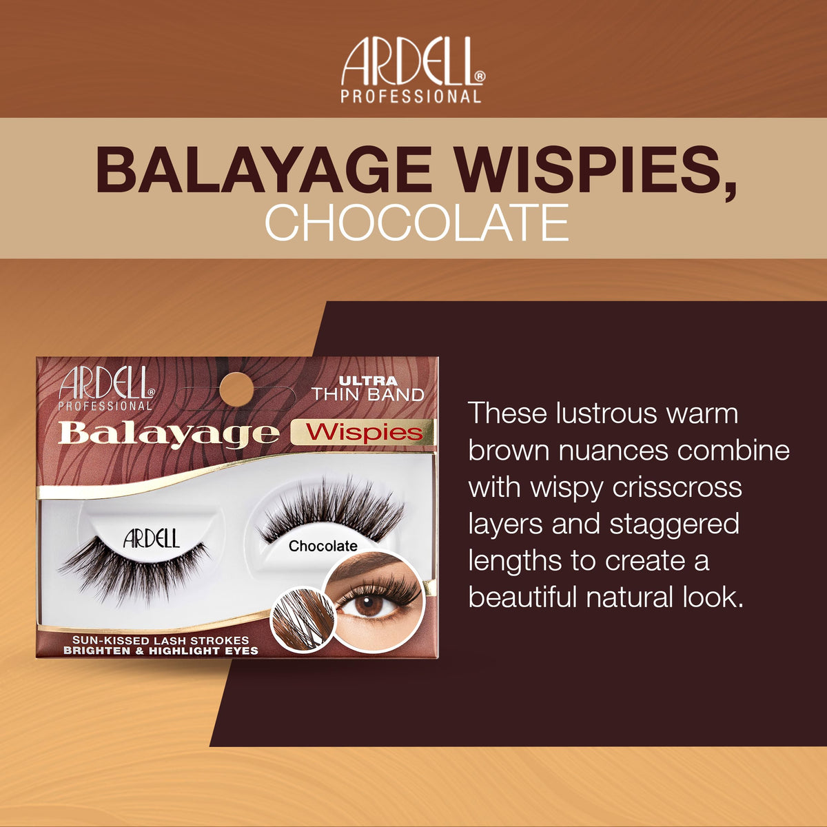 Ardell Balayage Wispies Chocolate lashes on eye reveal crisscross, wispy finish.