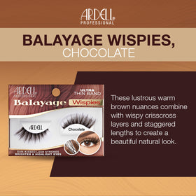 Ardell Balayage Wispies Chocolate lashes on eye reveal crisscross, wispy finish.