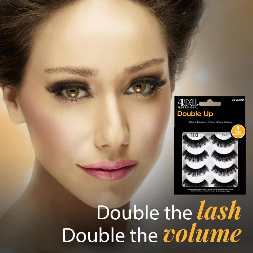 Ardell Double Up 203 close-up reveals handcrafted faux lashes for premium glam.