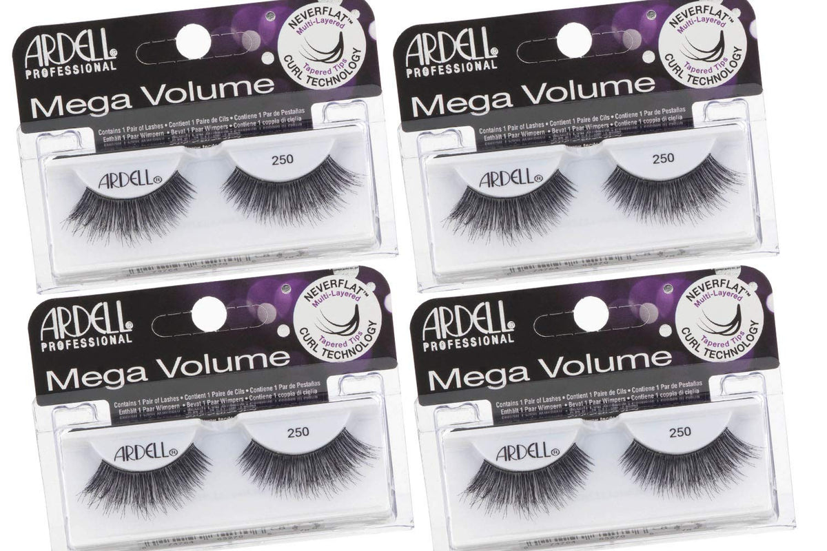 Ardell Mega Volume Lashes 250 closeup showcases dramatic, full-strip lashes for evening looks.
