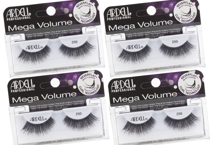 Ardell Mega Volume Lashes 250 closeup showcases dramatic, full-strip lashes for evening looks.