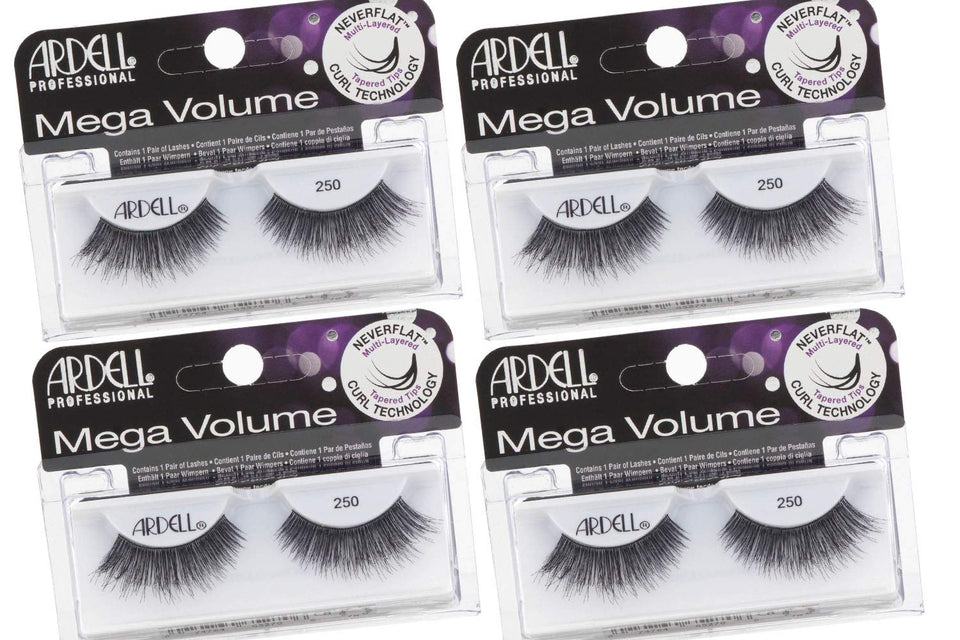 Ardell Mega Volume Lashes 250 closeup showcases dramatic, full-strip lashes for evening looks.