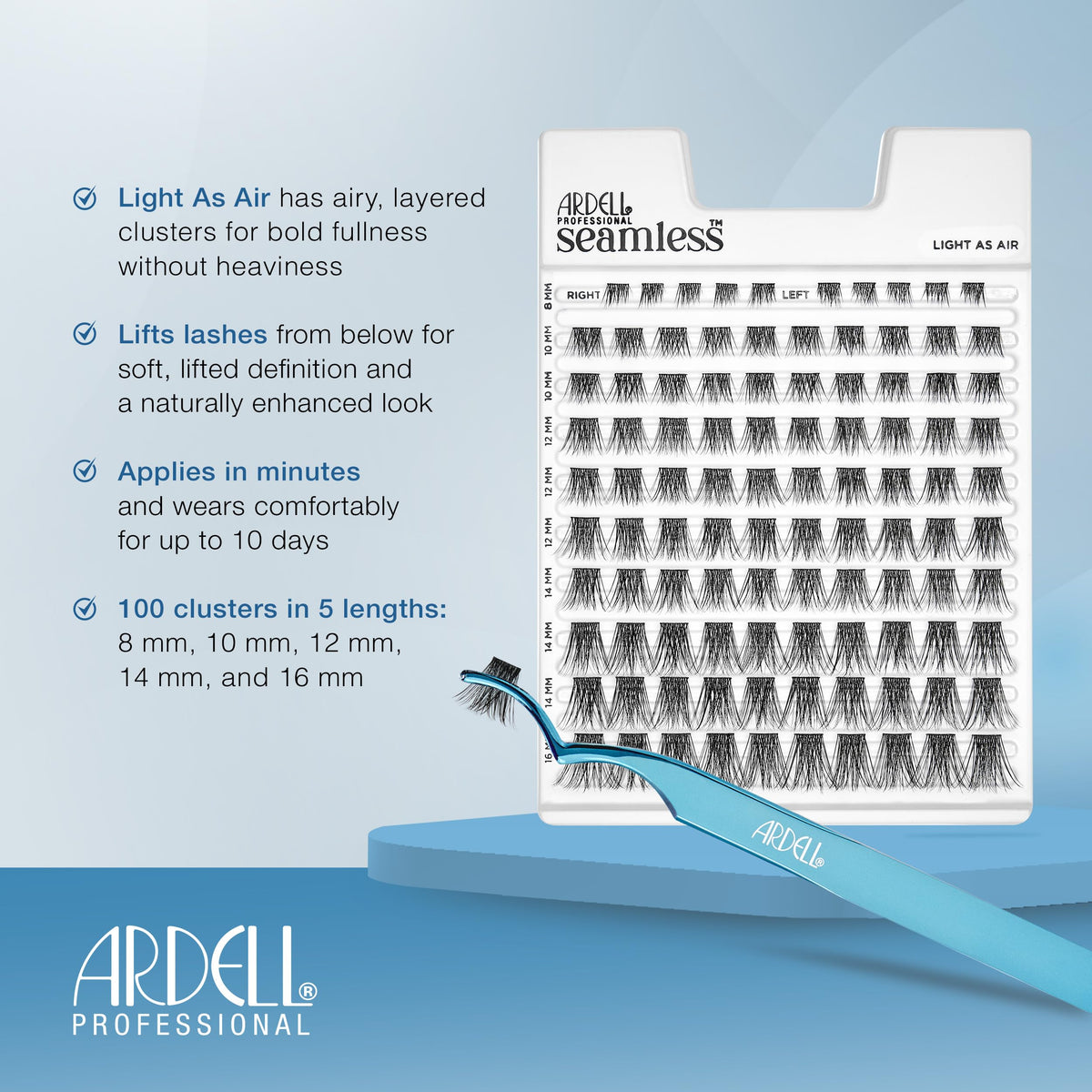 Ardell Seamless Underlash Extensions multi-length set shows 8 to 16 mm options.